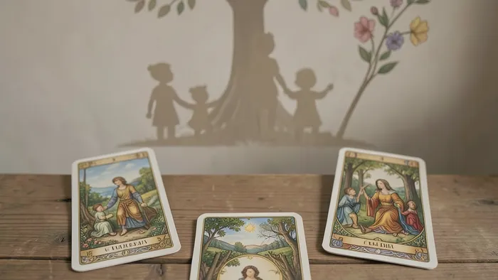 Расклад Таро «Он и она» на многодетность: схема из двух колонок карт и центральной карты на деревянном столе