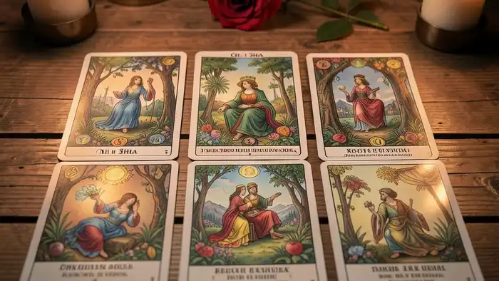 Расклад Таро «он и она» на ревность жены – изображение расклада с картами и свечами