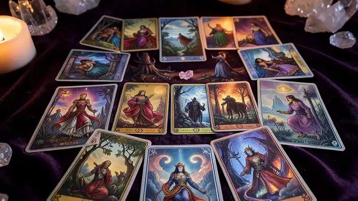 Расклад Таро "он и она" на свободу в отношениях — схема карт с нитью привязки, разрывающейся на свободу