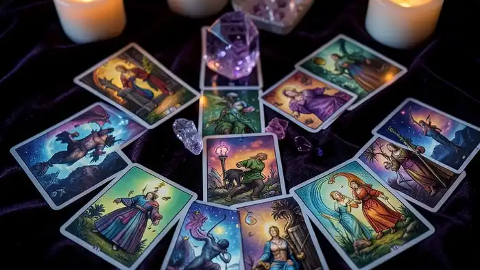 расклад таро онлайн без регистрации — карты Таро на деревянном столе с акцентом на карте Влюбленные