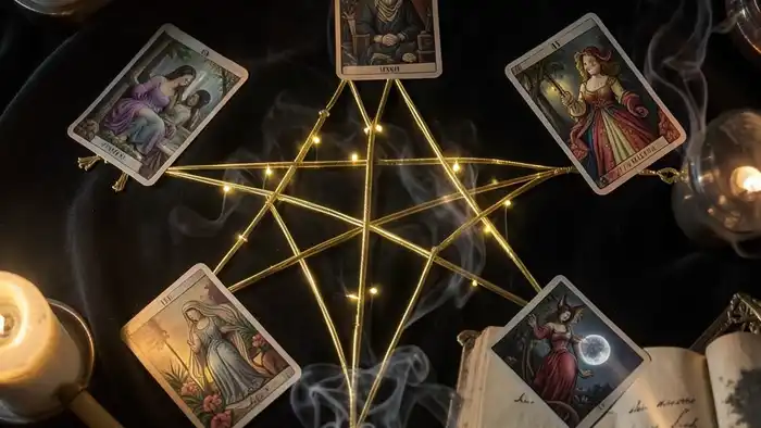 Расклад Таро "пентаграмма" на любовника — схема пяти карт с арканами Таро на чёрном бархате