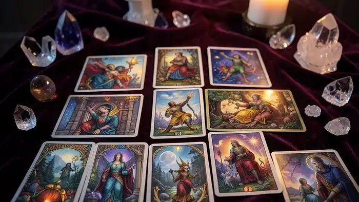 расклад таро перекресток на 2025 год с четырьмя картами: Повешенный, Тень, Жрица, Суд