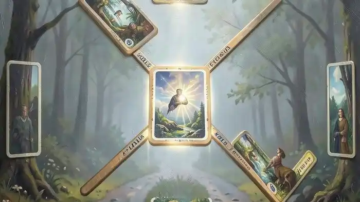 Расклад Таро "перекресток" на интуицию: схема позиций с пятью картами, символизирующими сознательное желание, подсознательное сопротивление, интуицию, внешнее давление и итог.