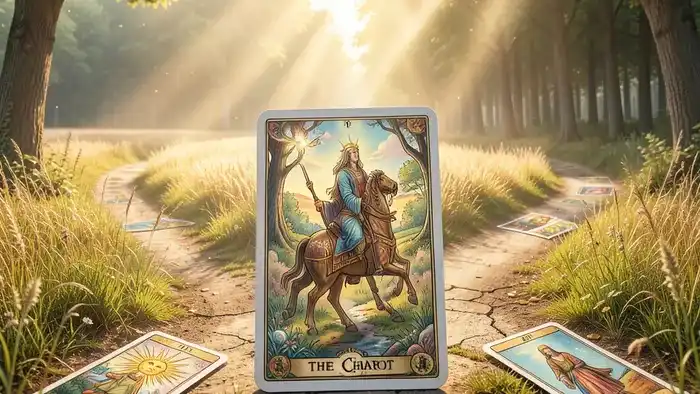 Расклад Таро Перекресток на лето: карта Колесница в центре солнечной развилки дорог, символизирующая выбор пути.
