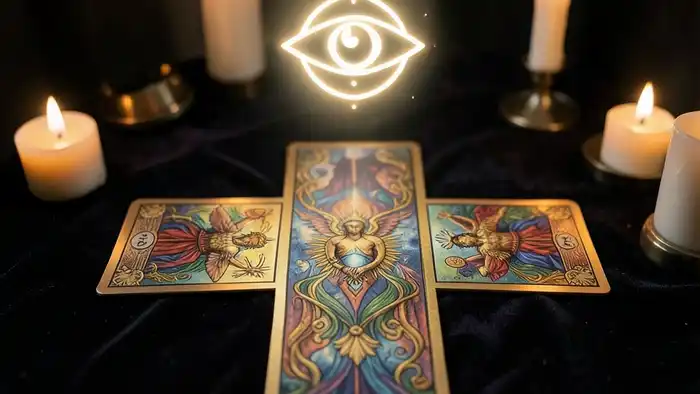 Расклад Таро перекресток на третий глаз – символический крест с картами и светящимся третьим глазом