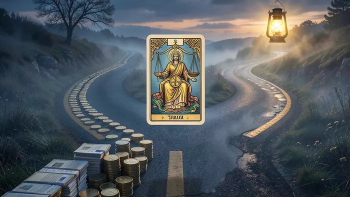 Расклад Таро Перекрёсток на налоги: символическое изображение развилки дорог с атрибутами финансов и картой Таро в центре.
