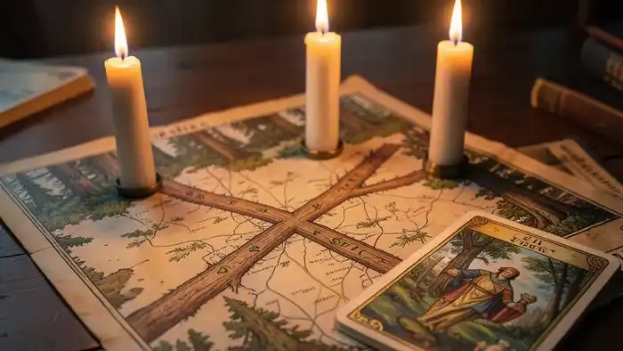 Расклад Таро Перекрёсток на примирение — схема и карты на деревянном столе