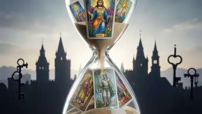 Расклад Таро Песочные часы на аренду квартиры — магические карты, струящиеся в часах на фоне городского пейзажа