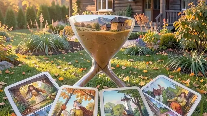 Расклад Таро "песочные часы" на дачу — схема позиций с семью картами в форме песочных часов на фоне загородного дома