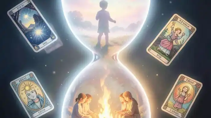 Расклад Таро Песочные часы на приемного ребенка - мистическая иллюстрация песочных часов, соединяющих прошлое и будущее семьи