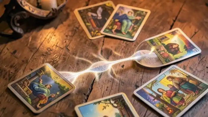 Расклад Таро "песочные часы" на вахту — схема расклада с семью картами и потоком песка между колбами