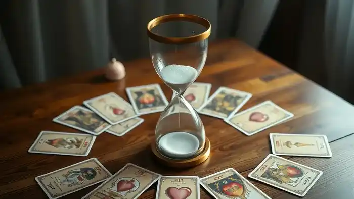 Расклад Таро Песочные часы для определения встречи любви с картами на тёмном фоне