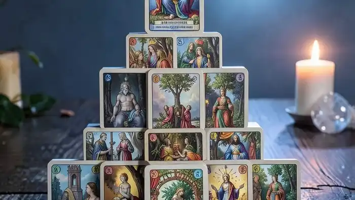 Расклад Таро пирамида на предназначение с 28 картами, выложенными в виде ступенчатой пирамиды