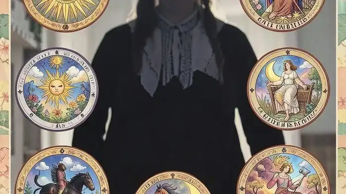 Расклад Таро "планетарный" на алименты — схема семи позиций с картами Таро и астрологическими символами