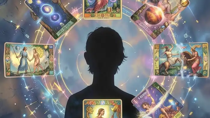 Расклад Таро "планетарный" на сахарный диабет: семь карт, соответствующих планетам, с символами астрологии и психосоматики