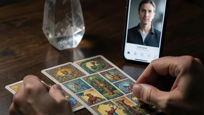 Расклад Таро по фото — руки таролога раскладывают карты Кельтского креста рядом со смартфоном, показывающим портрет