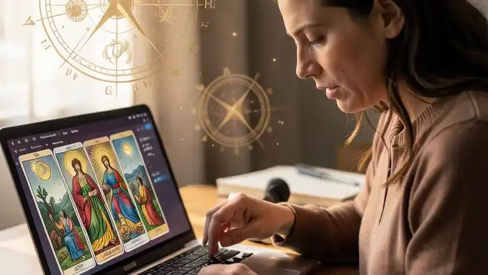 расклад таро по переписке — изображение таролога с ноутбуком и картами Таро