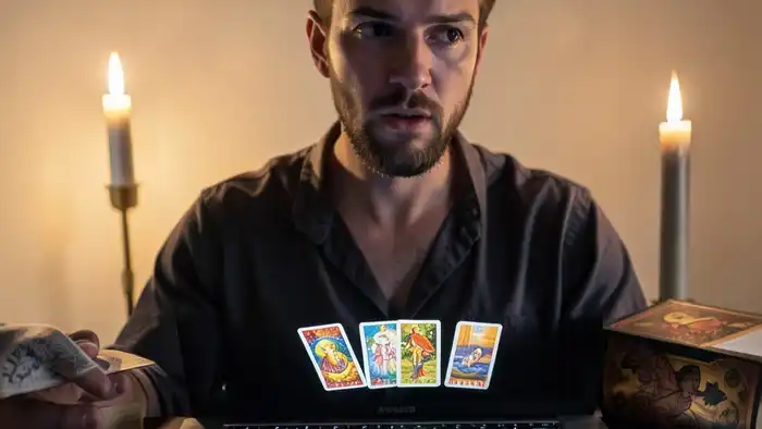 Расклад Таро по видеосвязи — консультант и клиент в режиме онлайн, карты на экране, атмосфера тишины и сосредоточенности