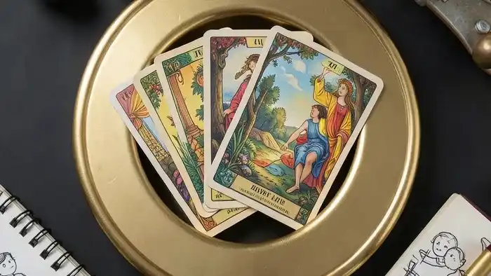 Расклад Таро Подкова на подростковый кризис — схематичное изображение с картами и символами переходного возраста.