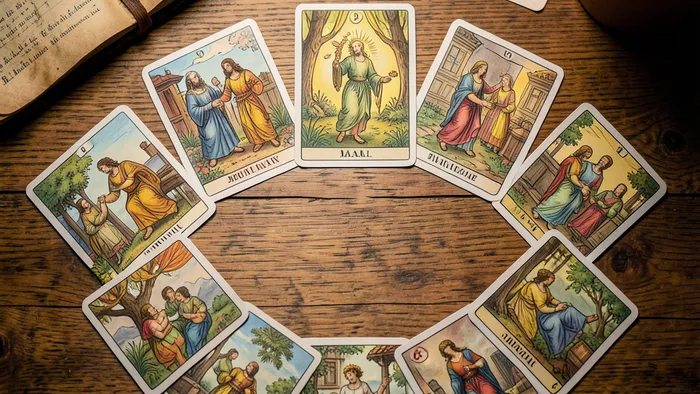 Расклад Таро Подкова на семейный бизнес: семь карт в форме подковы на деревянном столе