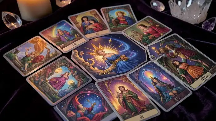 Расклад Таро "подкова" на тайные мысли женщины — схема позиций с семью картами в форме полукруга