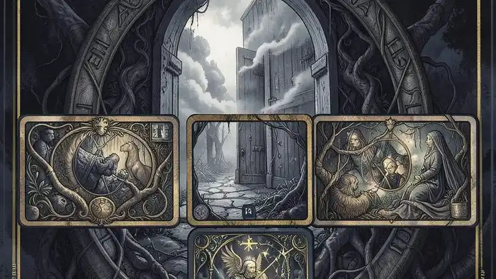 Расклад Таро "портал" на ЭКО: пять позиций, символизирующие энергетический переход, в стиле классического Таро Райдера-Уэйта