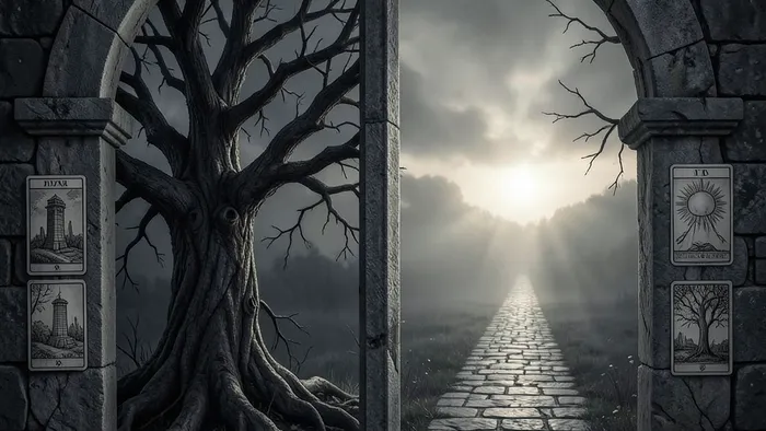Расклад Таро Портал на лишение родительских прав — символическое изображение арки-портала с картами Таро, разделяющей темное прошлое и возможное будущее.