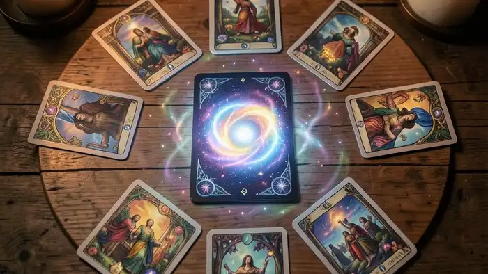 Расклад Таро «портал» на любовницу, карта Портал в центре, свечи и мистическая атмосфера