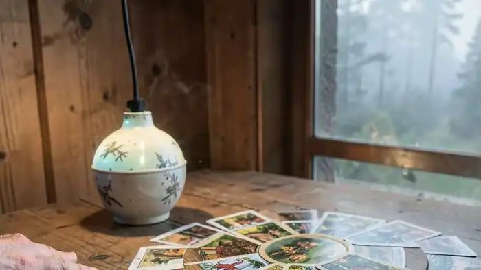 Расклад Таро "портал" на жизнь за городом — семипозиционная схема карт, расложенных в круг, в атмосфере тишины и перехода