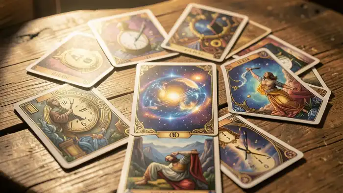 Расклад Таро «послание Вселенной» когда придут деньги, изображение расклада на столе