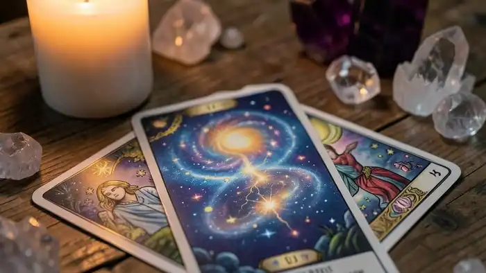 Расклад Таро «послание Вселенной» на болезнь – карта Вселенной на столе с свечой