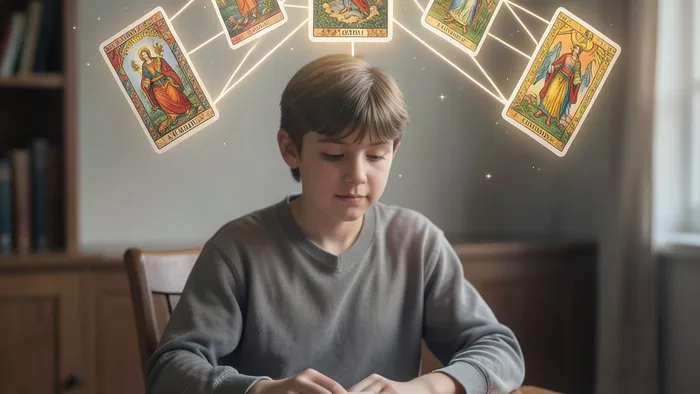 Расклад Таро Послание Вселенной на школьные проблемы: подросток и парящие карты как ключ к пониманию трудностей в учебе.