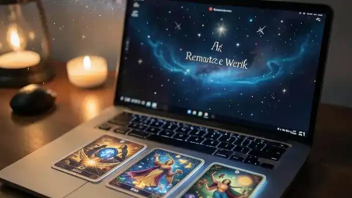 Расклад Таро послание Вселенной на удаленную работу, карта на ноутбуке