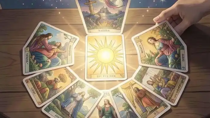 Расклад Таро Послание Вселенной на воссоединение: семь карт, выложенных по кругу на деревянном столе с магическим свечением