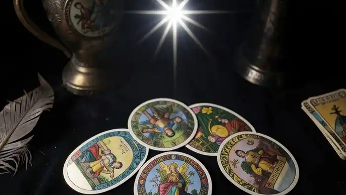 Расклад Таро "послание Вселенной" на закрытие бизнеса: семь карт, расставленных по кругу, с звездой в центре