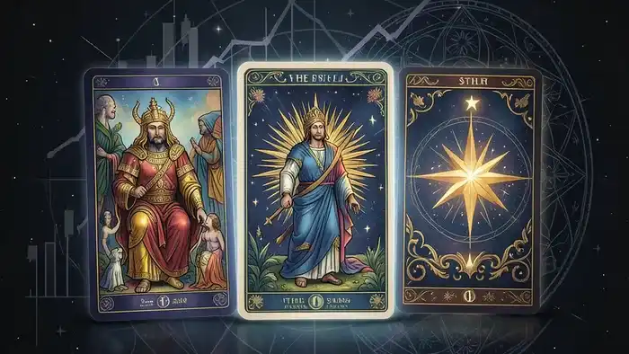 Расклад Таро прошлое настоящее будущее для инвестора — три карты на фоне финансовых графиков и звездного неба