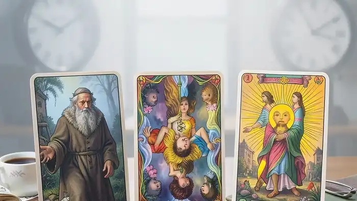 Расклад Таро "прошлое настоящее будущее" на профессиональный рост: схема с тремя картами и символами карьерной траектории