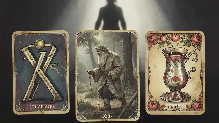 Расклад Таро "прошлое настоящее будущее" на секрет партнера: три карты — Три Мечей, Отшельник, Пятёрка Кубков