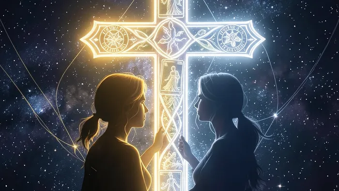 Расклад Таро Простой крест на кармические отношения: символическое изображение кельтского креста из света над переплетенными душами на фоне космоса