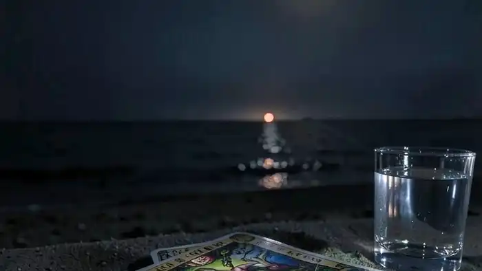 Расклад Таро "простой крест" на отдых на море: пять карт, выложенные в крест на песке, Смерть в центре