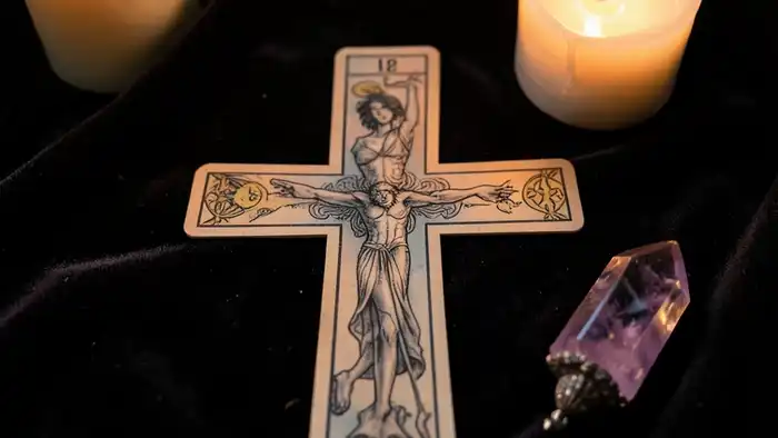 Расклад Таро «простой крест» на тайну — изображение крестовой схемы с картами и кристаллом