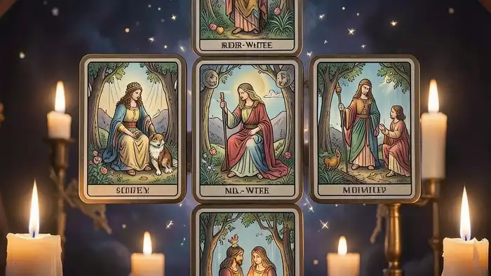 Расклад Таро простой крест на взаимность чувств, карта в центре, свеча, мистическая атмосфера