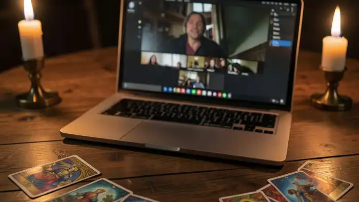расклад таро прямой эфир — визуальная сцена с картами и видеотрансляцией