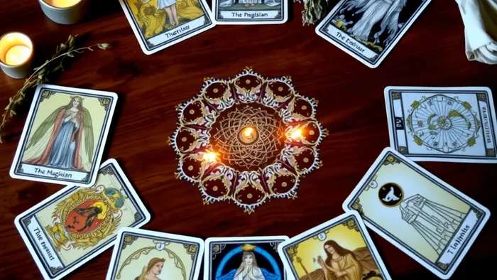 Расклад Таро «Путь героя» на благословение с картами Райдера-Уэйта на деревянном столе