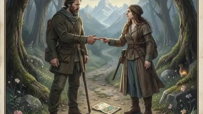 Расклад Таро Путь Героя на дружбу: два путника и символические карты на перепутье в лесу