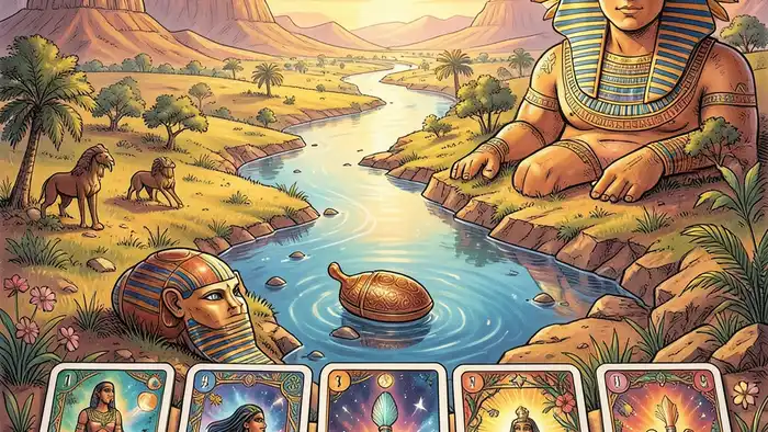 Расклад Таро путь героя на Египет – изображение с символами Древнего Египта и картами Таро