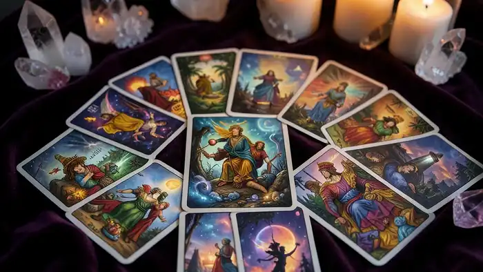 Расклад Таро "путь" на месяц — схема из семи карт с символами времени и энергии