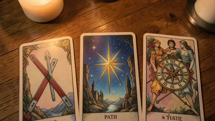 расклад Таро путь на тревожность, карты на столе при свечах