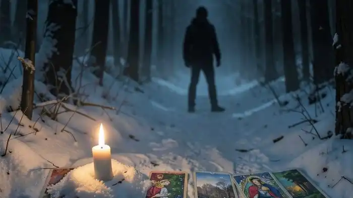 Расклад Таро "путь" на зиму: семь карт, разложенных вдоль тропы в зимнем лесу