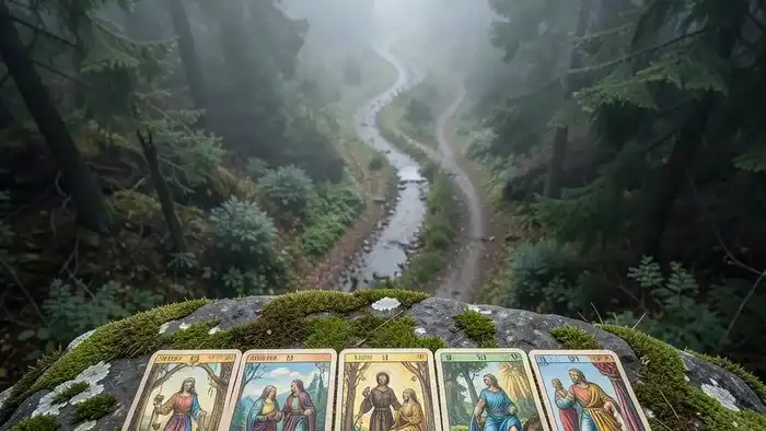 Расклад Таро Путь — семь карт, выложенных вдоль лесной тропы как символ финансового и жизненного пути